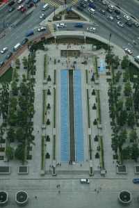 View of plaza below from skybridge.